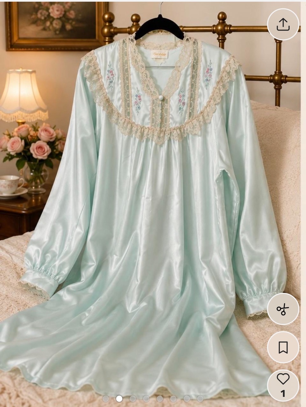 Lace-Trim Satin Nightgown in Light Mint by Unbranded